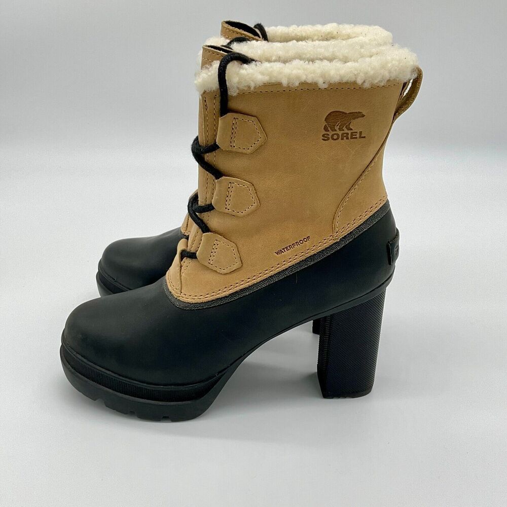 Sorel Dacie Lace High Heel Boots Tan Suede Black Leather Winter‎ 7.5 Waterproof